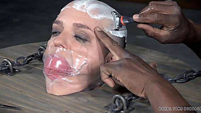 Dirty slut Abigail Dupree gets tied up and two guys shave her head