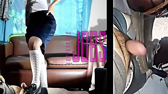 Latin Chick Mastix in hot school uniform does shoejob buttjob & thighjob makes him cums in her legs!