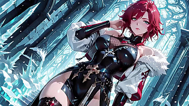 Ice Queen! Red-haired Sorceress Makes a Stunning Entrance in the Crystal Hall, Robe Slightly Open and Staff Tapping Seductively