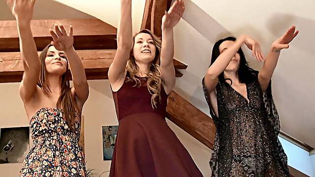 Summer Dress Strip and Dance Party with Three Amateur College Girls Invited for a Naked Try on Haul for a Fake Shooting